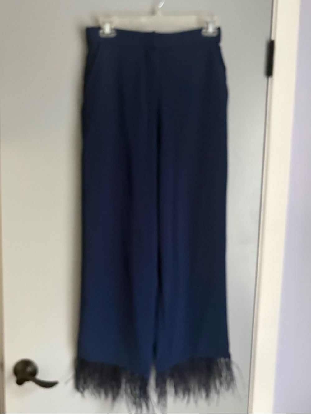 Wayf Navy Wide-Leg cropped Pants with Feather Hem